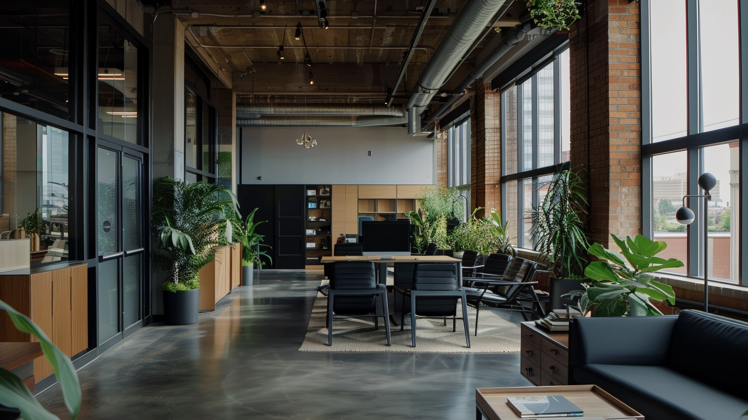 Bright, clean office interior with abundant natural light, green plants, open layout, and modern furnishing creating an inviting workspace atmosphere.